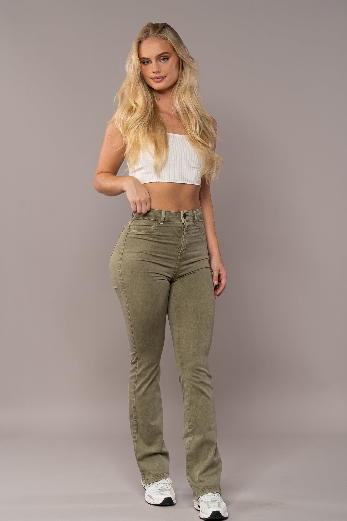 Womens Pastel Flared Fitjeans - Khaki Pastel Flared FITJEANS   