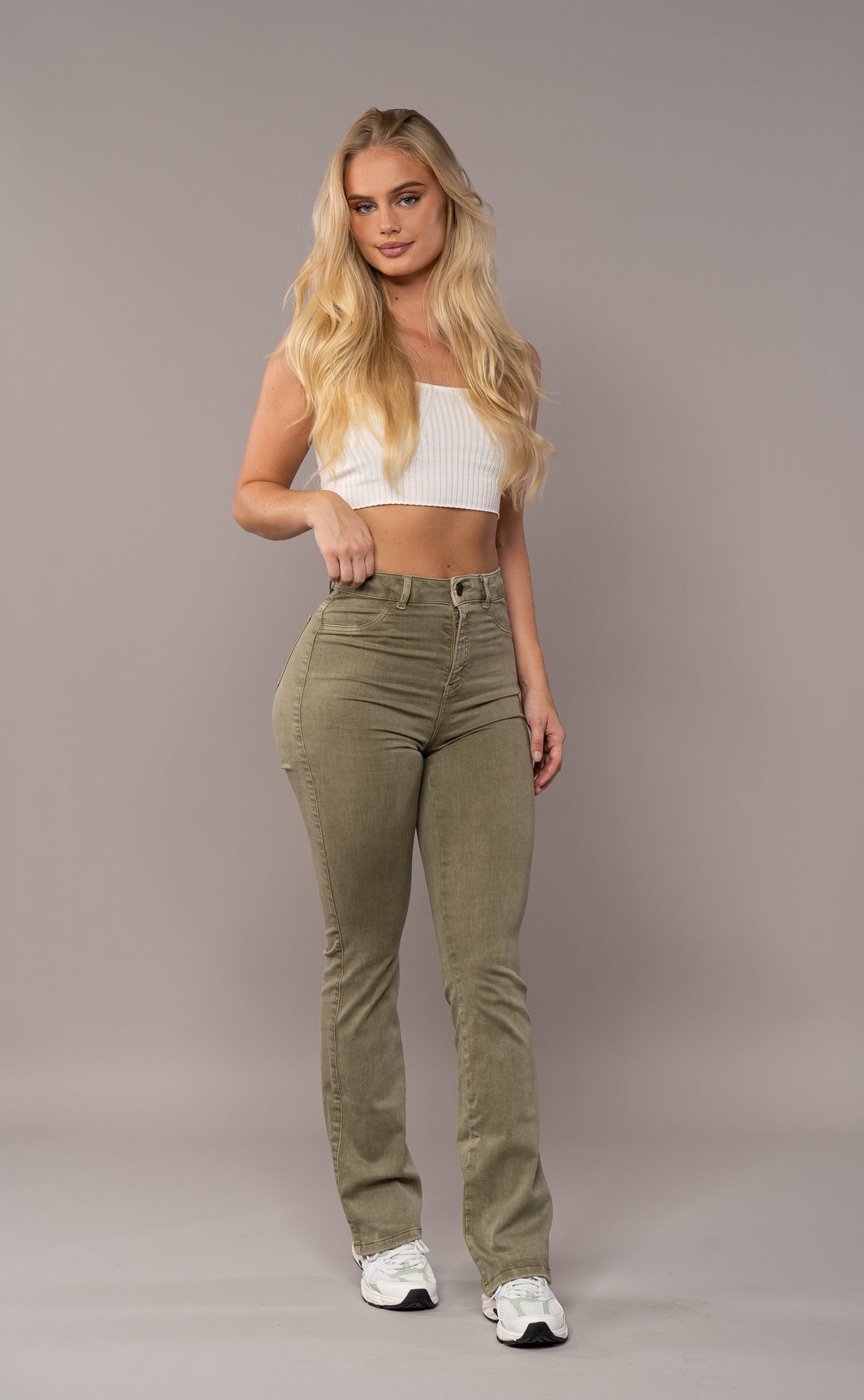 Womens Pastel Flared Fitjeans - Khaki Pastel Flared FITJEANS